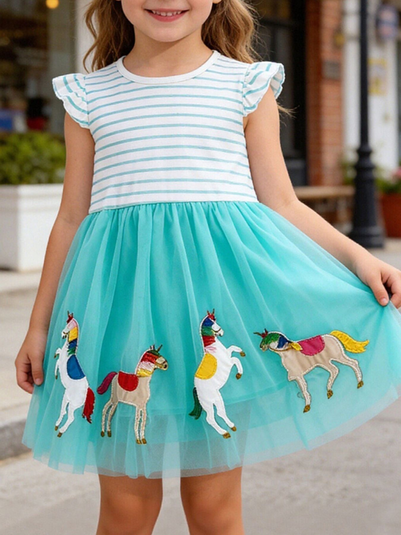 Unicorn Embroidered Stripe Tulle Dress