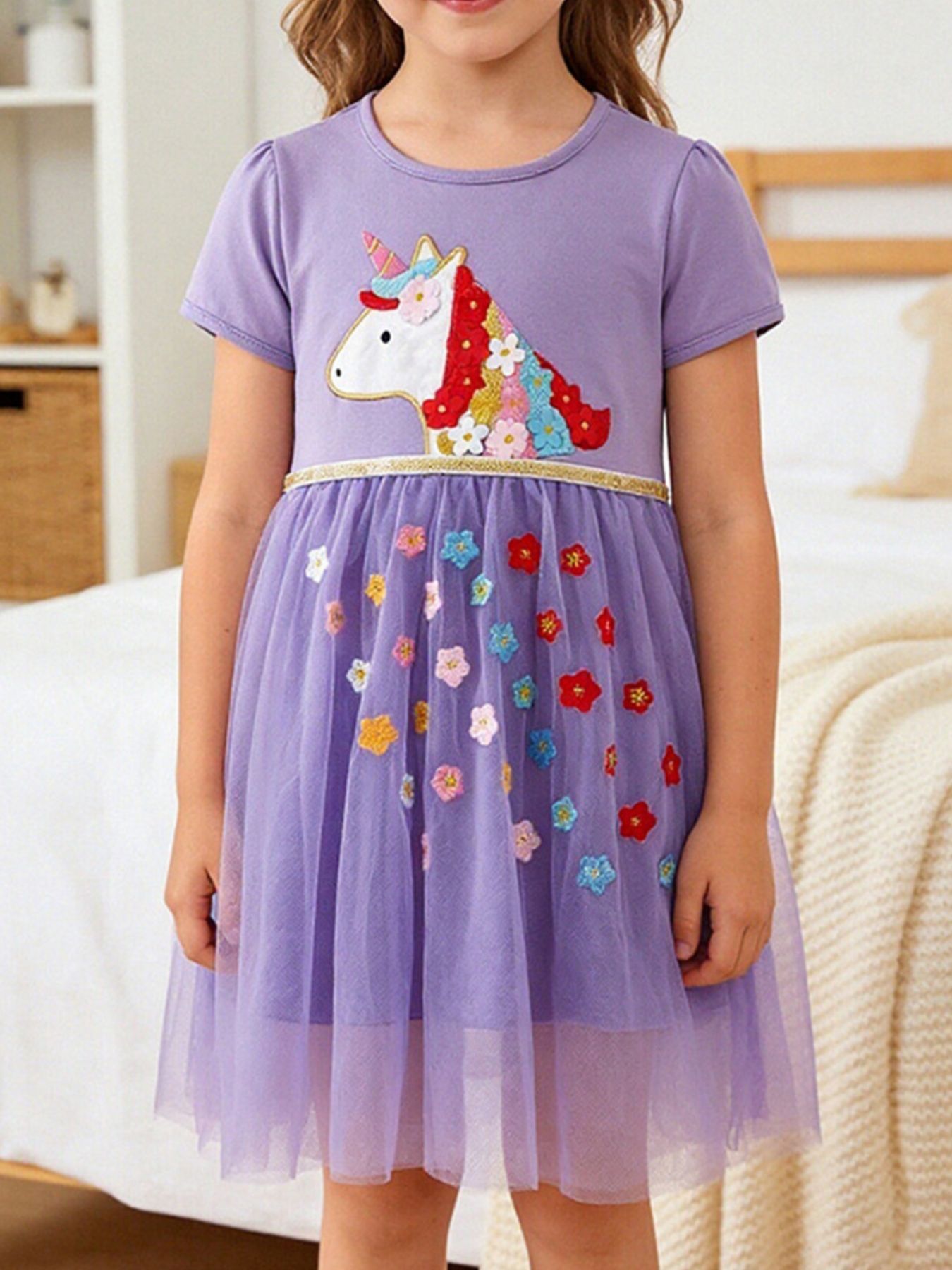 Unicorn & Flower Embroidered Tulle Dress