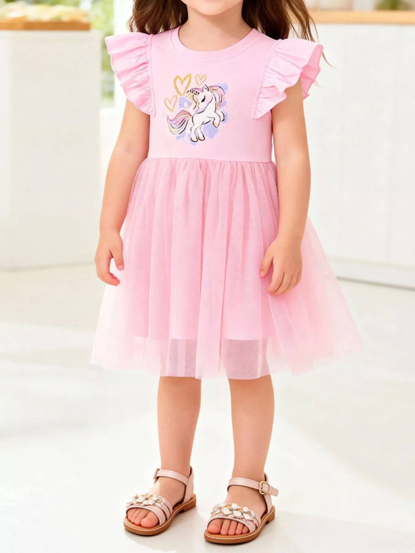 Unicorn & Heart Ruffle Sleeve Tulle Dress