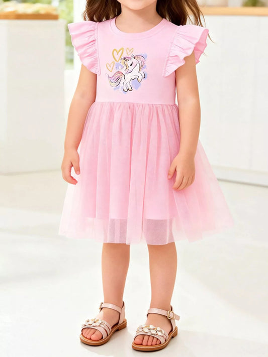 Unicorn & Heart Ruffle Sleeve Tulle Dress