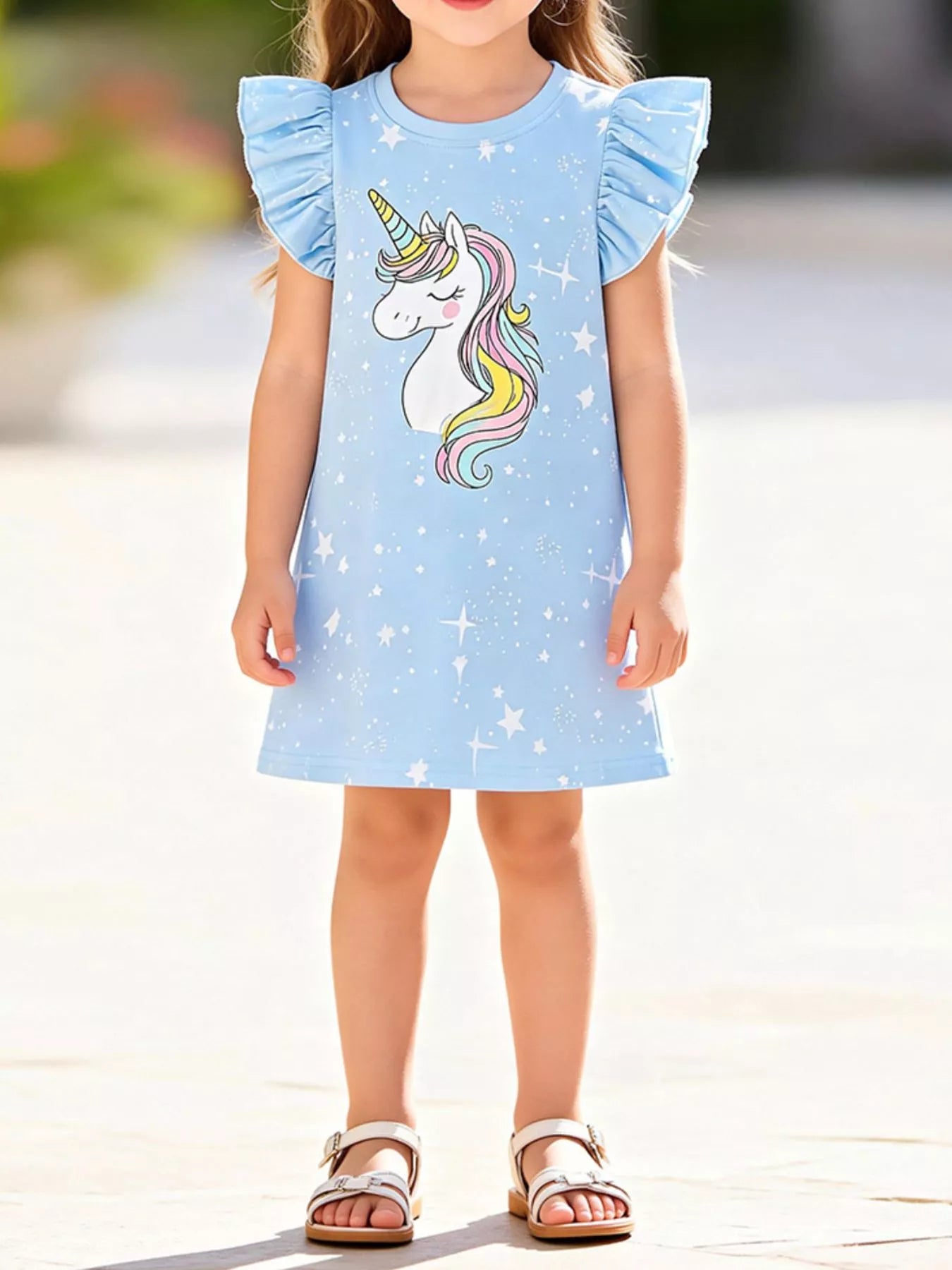 Unicorn Print Flutter Sleeve Dress