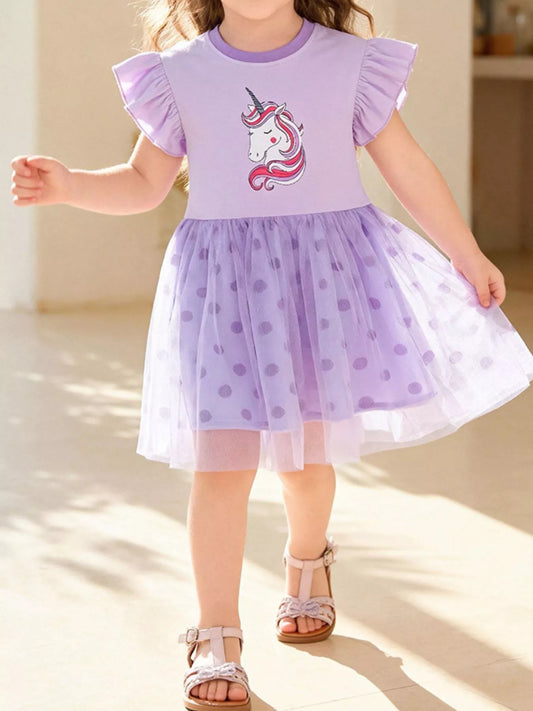 Unicorn Print Ruffle Sleeve Tulle Dress Lavender