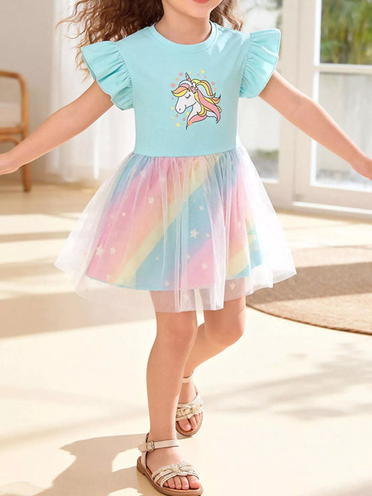 Unicorn & Rainbow Print Tulle Dress