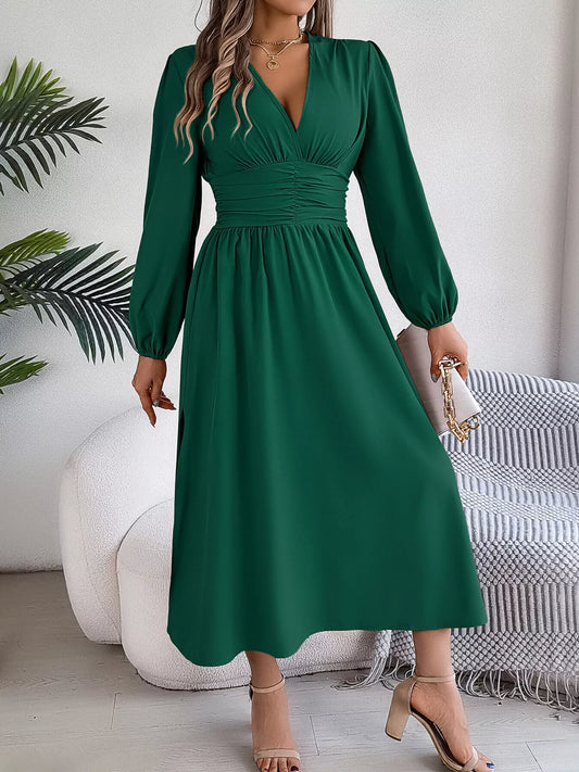 V-Neck Balloon Sleeve Midi Dress with Hem Slit