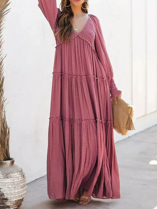 V-Neck Long Sleeve Tiered Maxi Dress Dark Pink
