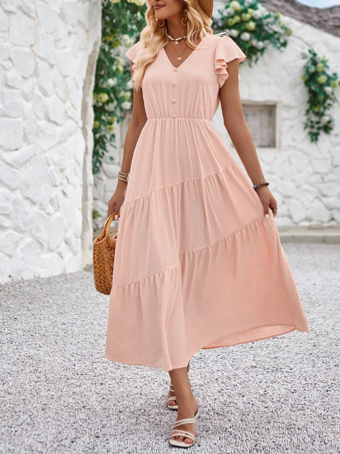 V-Neck Ruffle Sleeve Midi Dress Watermelon Pink