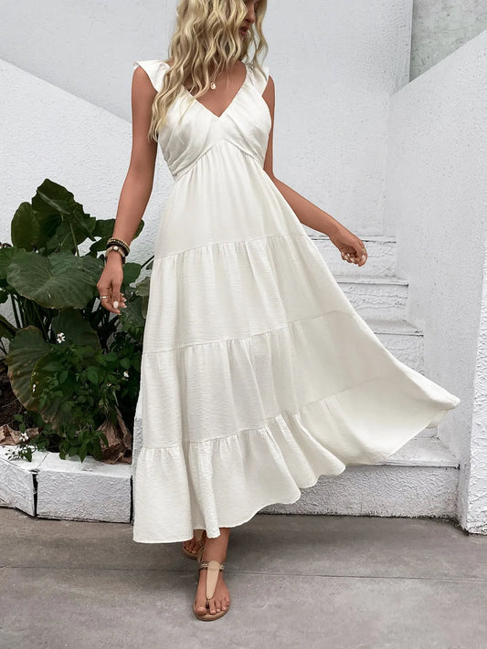 V-Neck Sleeveless Tiered Midi Dress