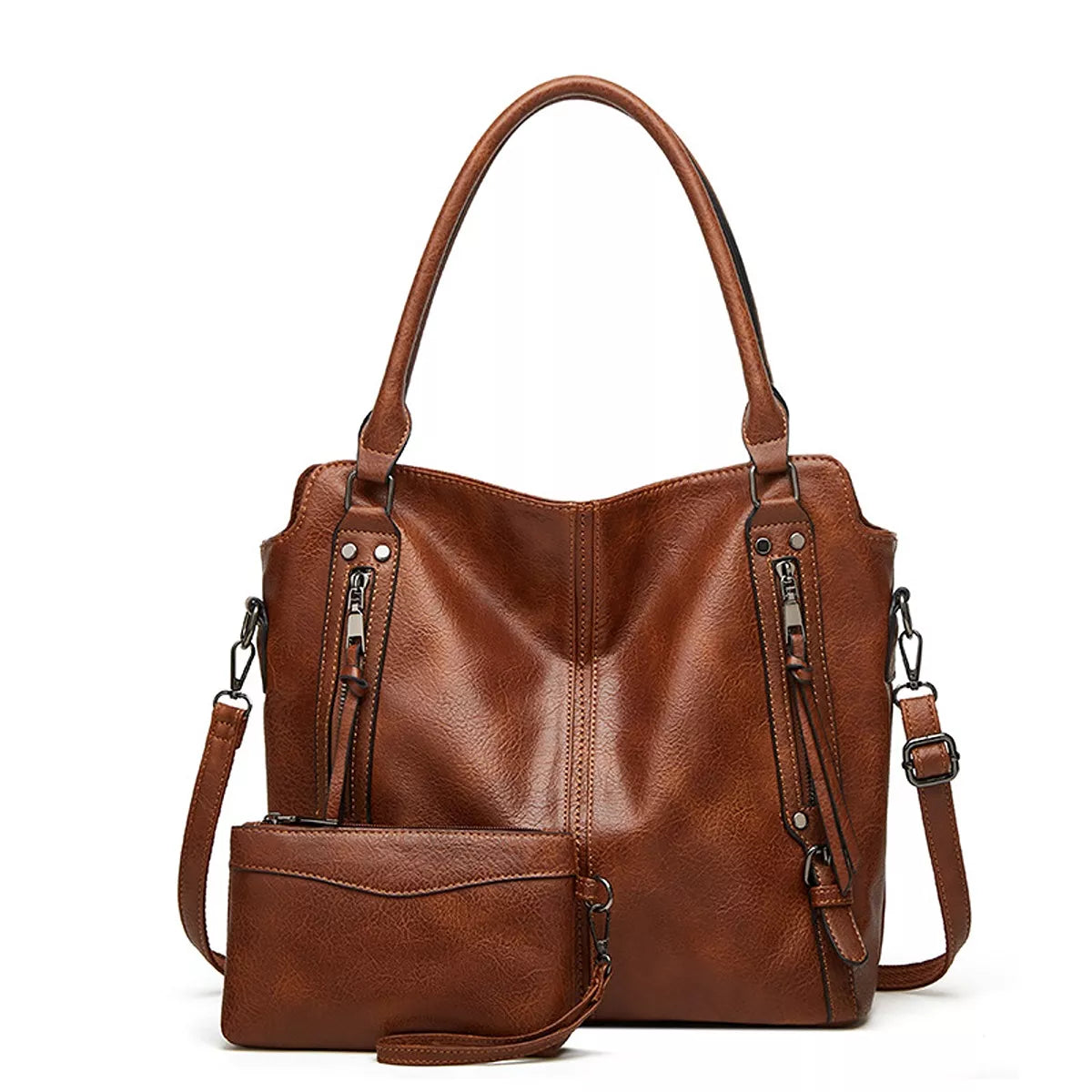 Vegan Leather Shoulder Bag and Pouch Set