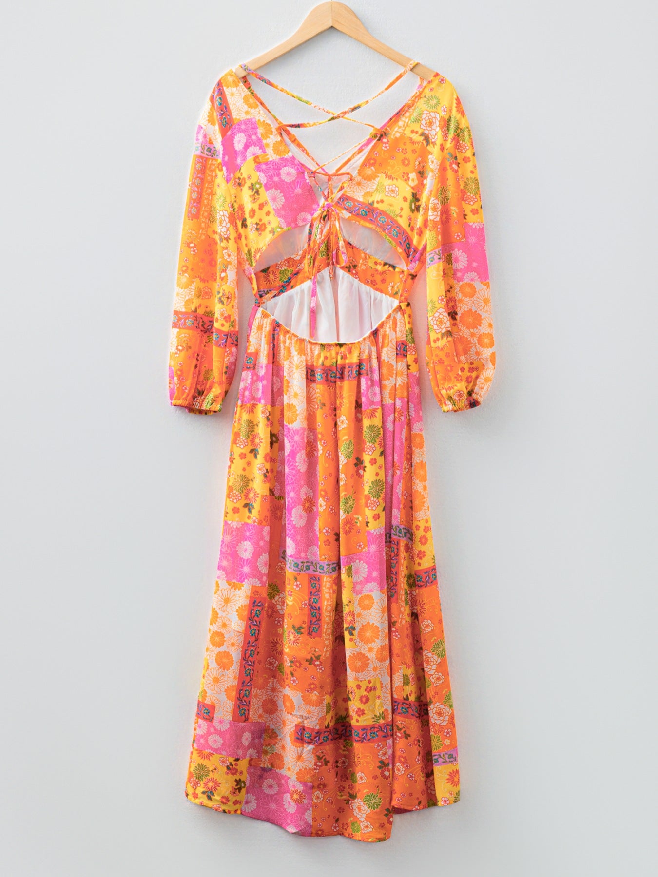 Boho Floral Print Backless Lace-Up Maxi Dress