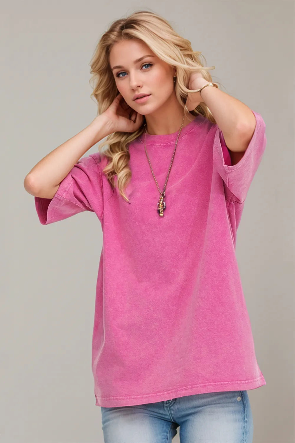 Fuchsia pink vintage-look cotton T-shirt by Marigold Collections Australia, casual tops with a retro style and soft fabric.