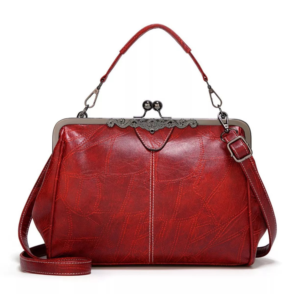 Vintage Kiss Lock Vegan Handbag Red
