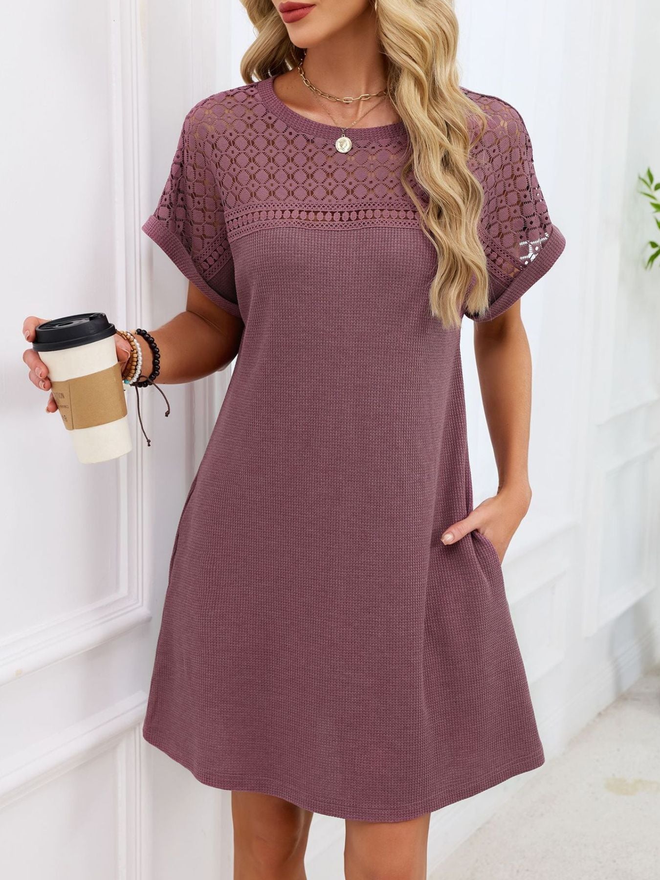 Waffle Knit Short Sleeve Casual Dress with Pockets