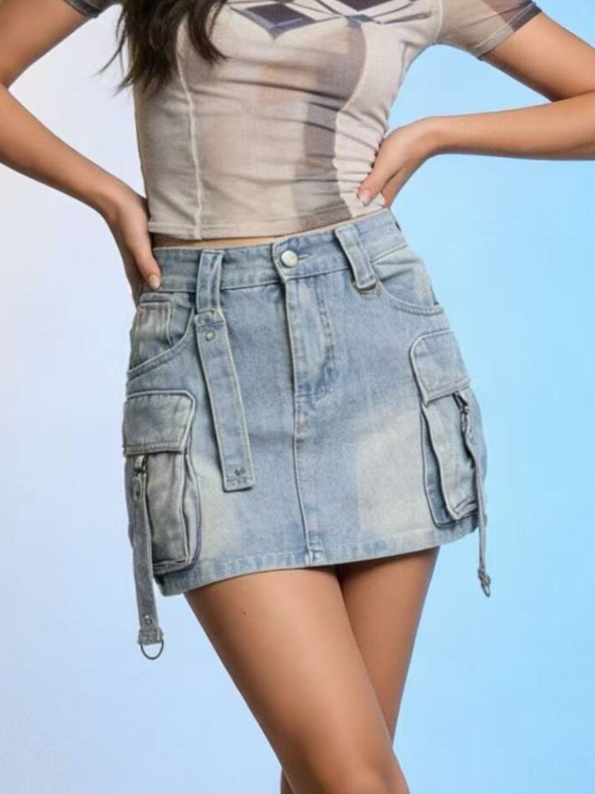 Washed Cargo Denim Mini Skirt Sky Blue