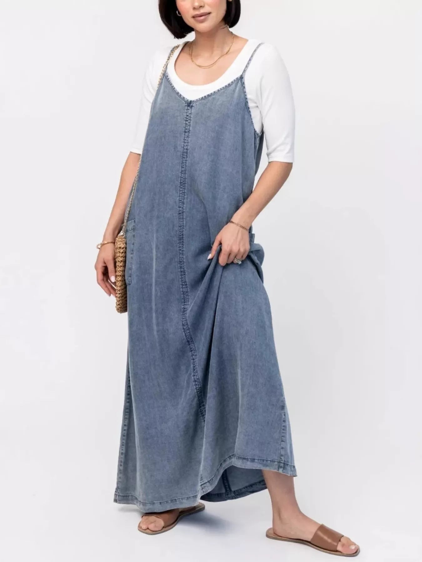 Washed Denim Cami Maxi Dress Blue
