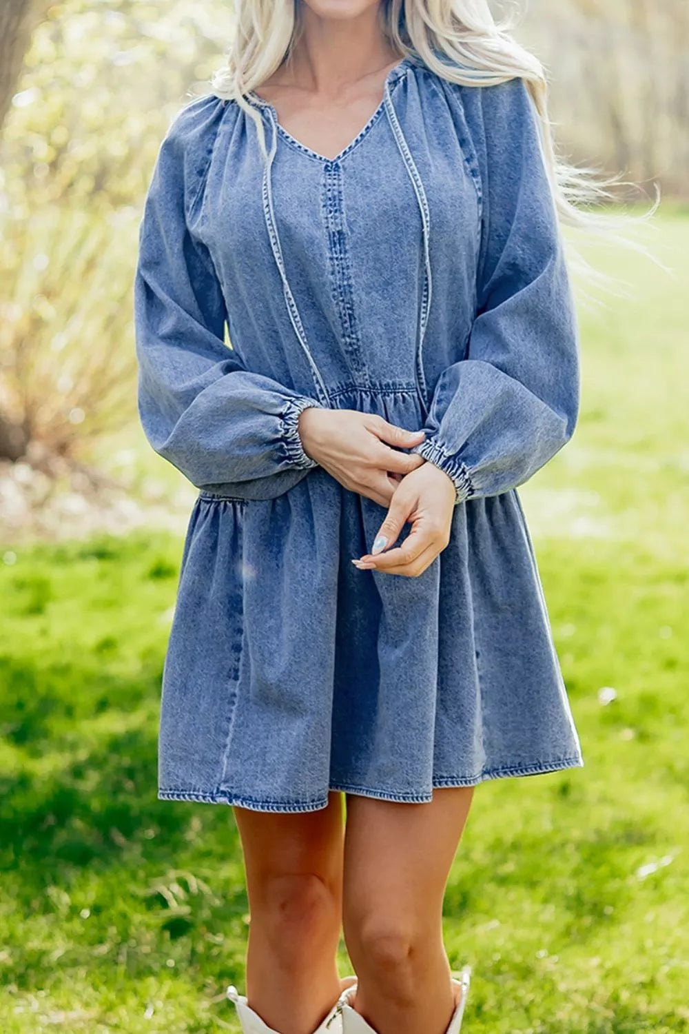 Washed Denim Puff Long Sleeve Mini Dress