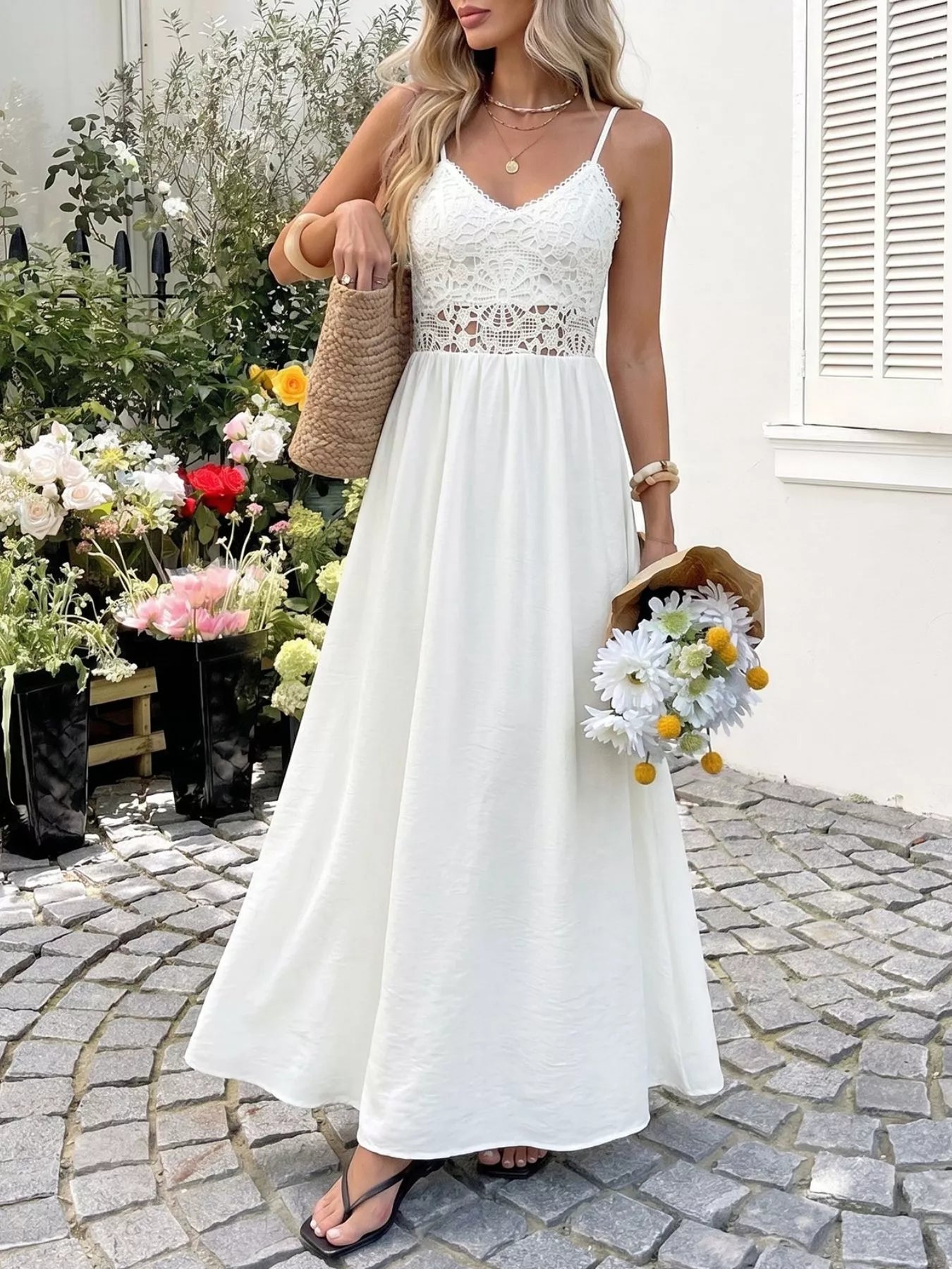 White Lace V-Neck Maxi Dress