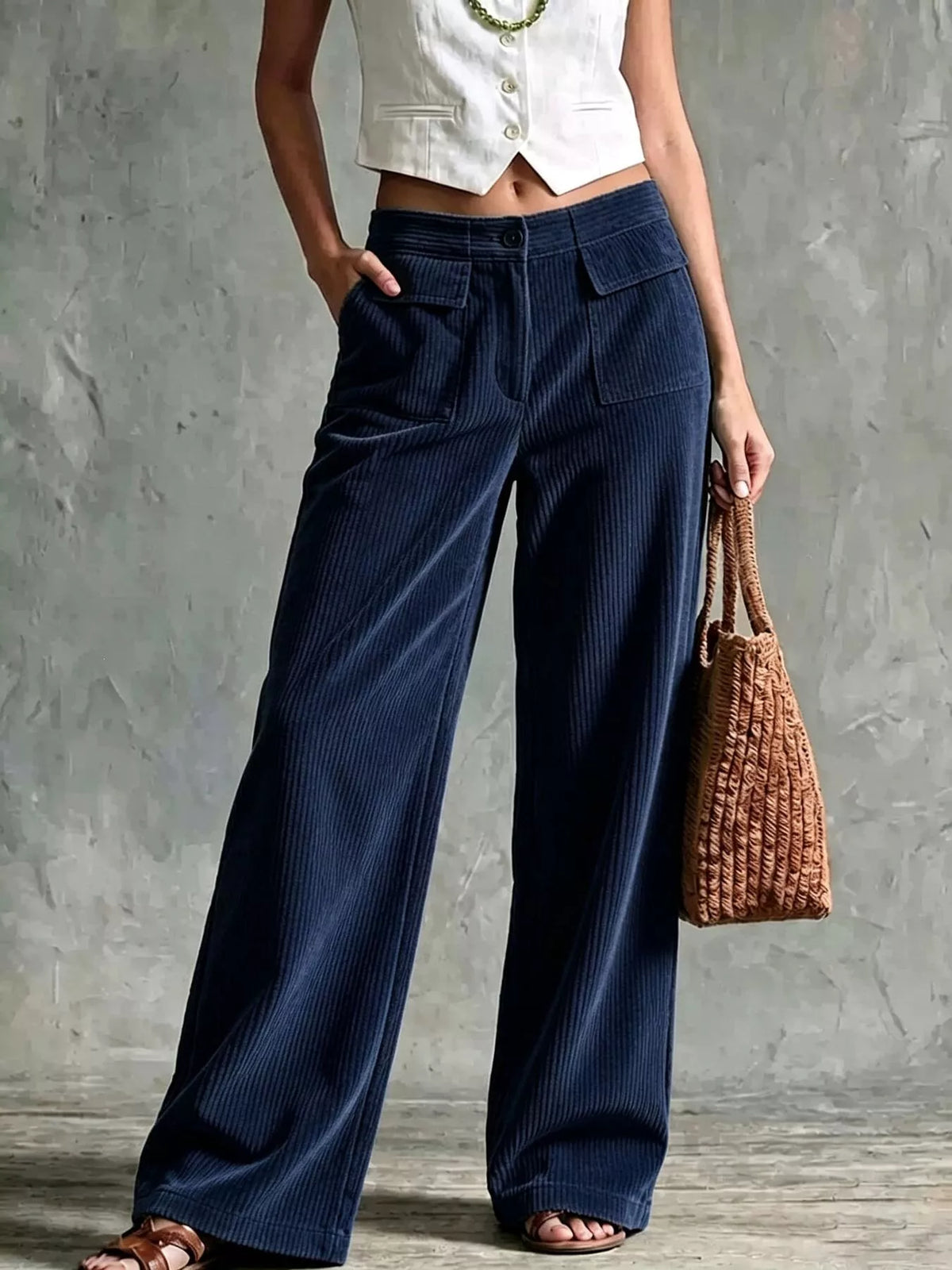 Wide-Leg Corduroy Pants Navy Blue