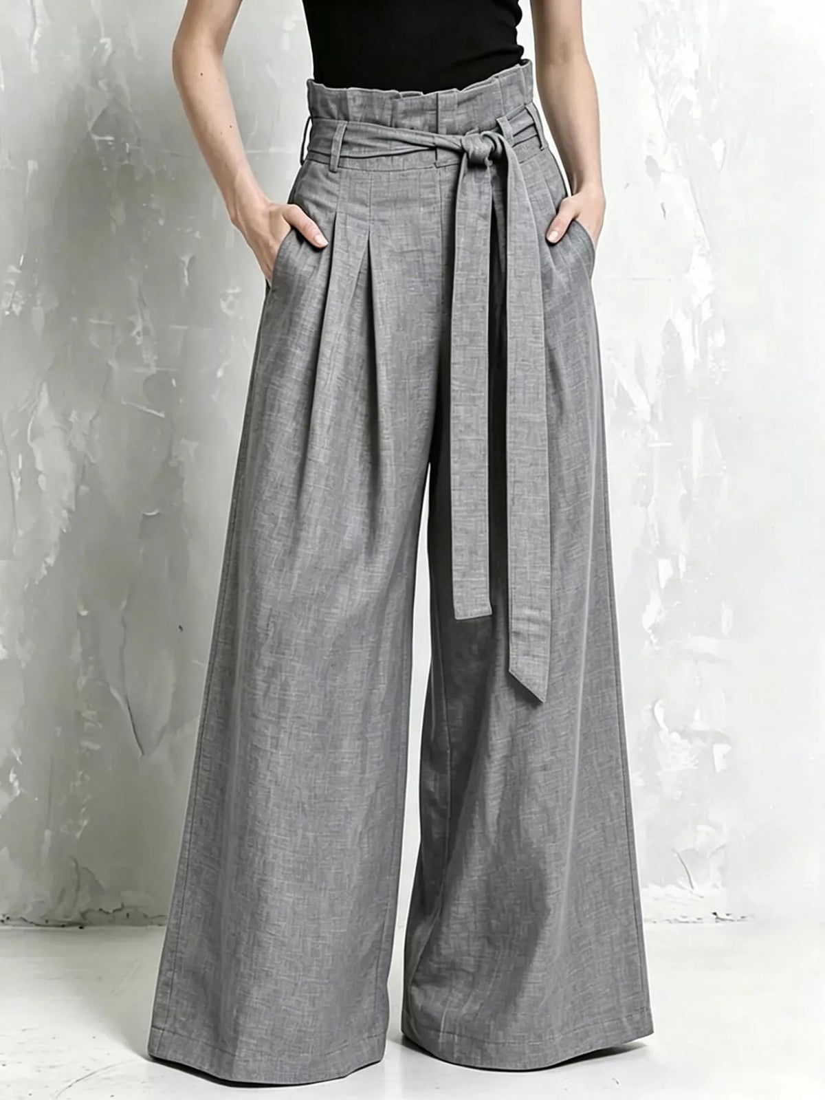 Wide-Leg Paperbag Waist Pants Grey