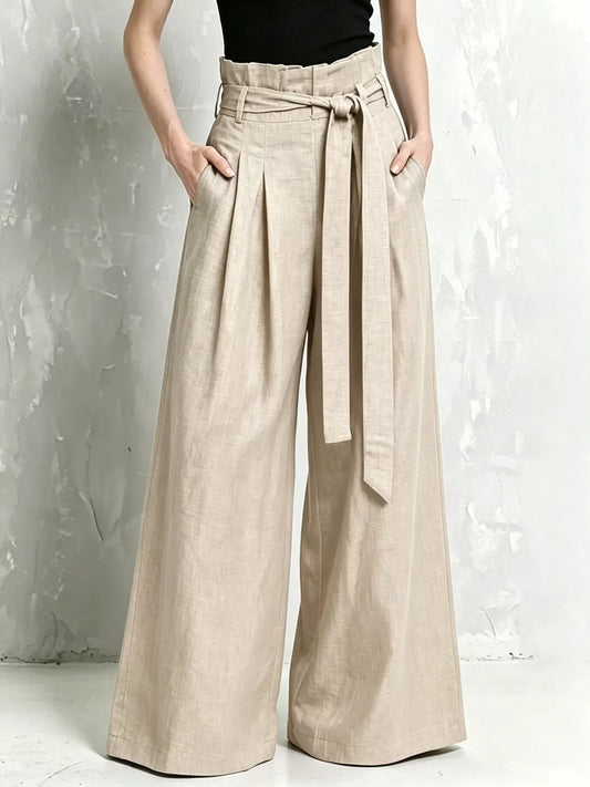 Wide-Leg Paperbag Waist Pants Khaki