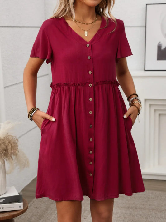 Women's Button Front Mini Dress with Flutter Sleeves and Pockets - Casual Summer Dress red