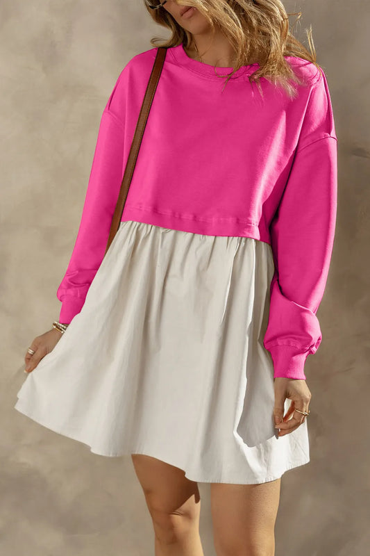 Women's Colour Block Mini Dress - Long Sleeve Cotton Blend Casual Dress