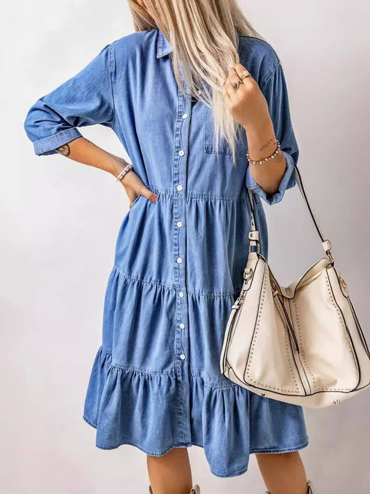 Women's Denim Midi Shirt Dress – Button-Down Front with Ruffled Hem – S to 3XL
