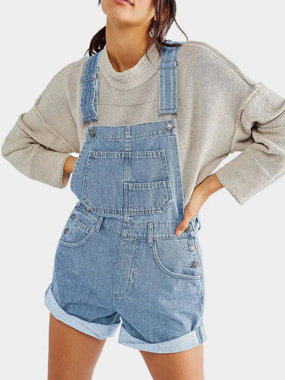 Women's Denim Overalls - Denim Dungaree Shorts with Pockets
