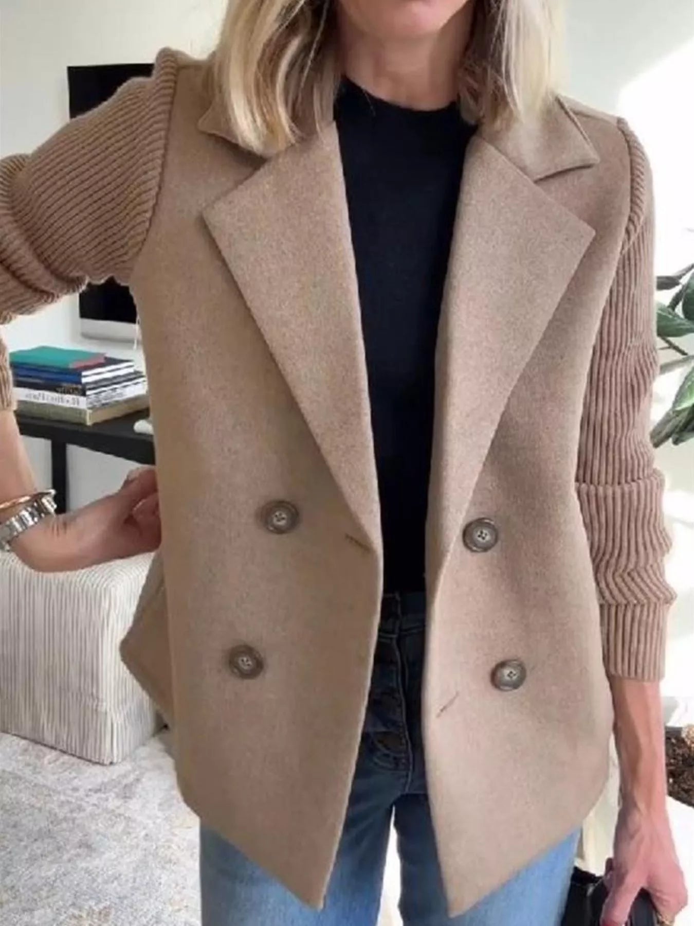 Women's Double-Breasted Knit Sleeve Blazer Jacket