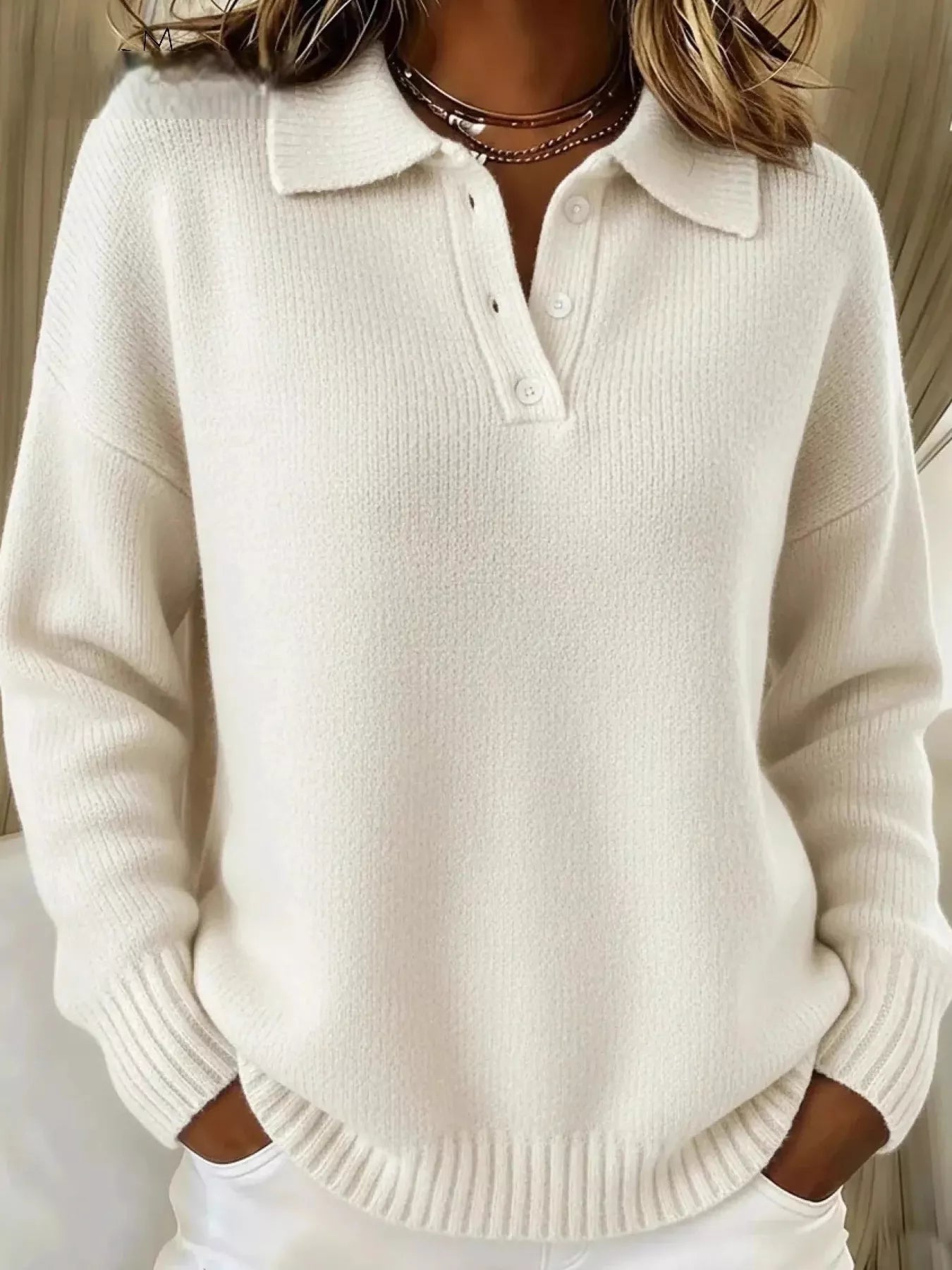 Women's Half Button Collar Drop Shoulder Sweater White