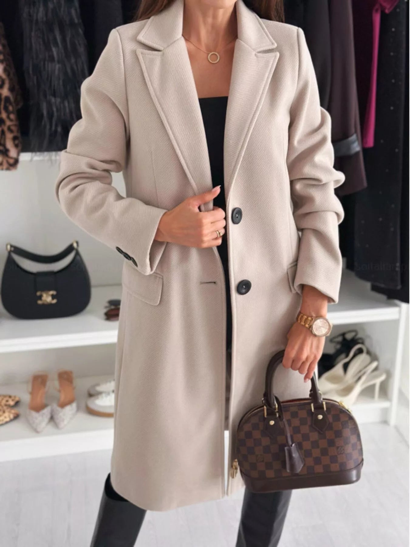 Women's Lapel Collar Long Sleeve Coat - Classic Autumn/Winter Jacket khaki