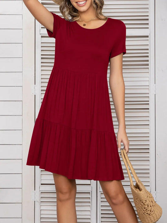 Women's Mini Dress - Casual Short Sleeve Round Neck Tee Dress burgundy