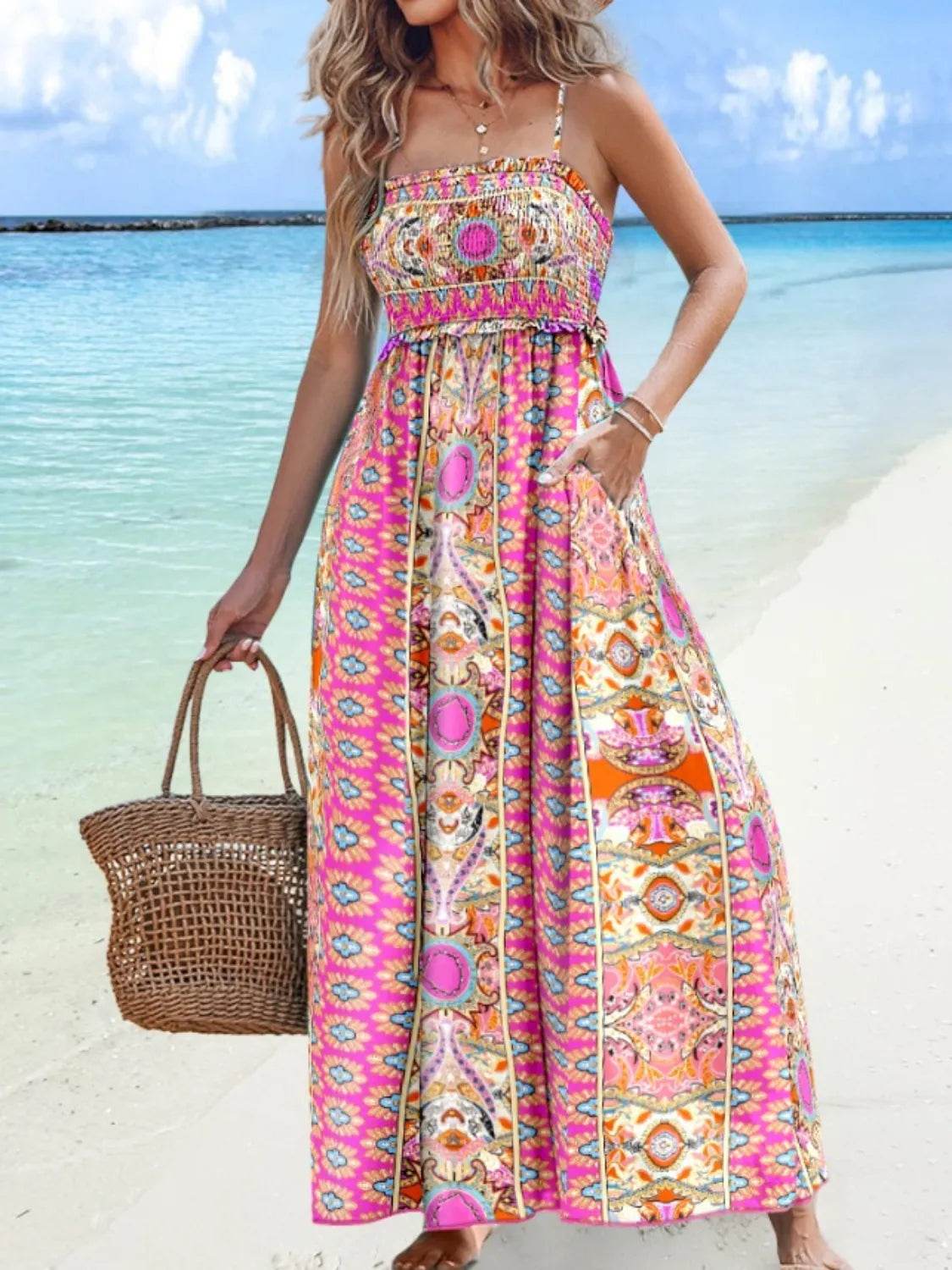 Women's Printed Maxi Dress | Smocked Cami Summer Dress pink