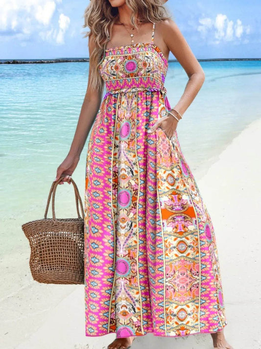 Women's Printed Maxi Dress | Smocked Cami Summer Dress pink