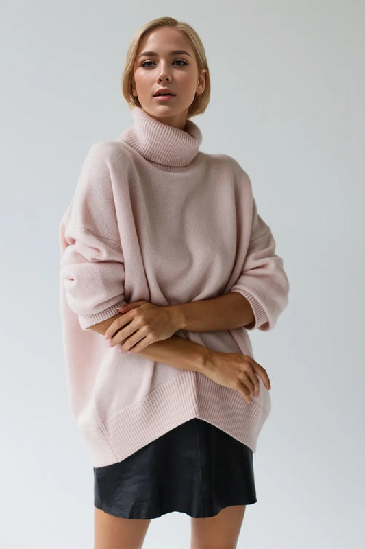 Women's Turtleneck Sweater - Dropped Shoulder Long Sleeve Knit Jumper blush pink