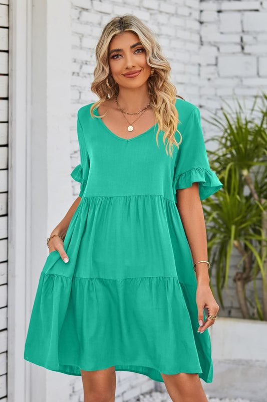 Women's V-Neck Tiered Dress with Flounce Sleeves - Ruffle Sleeve Dress green