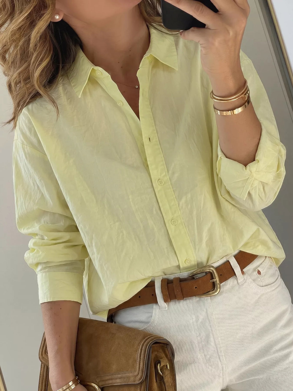Women's Yellow Button Up Long Sleeve Shirt