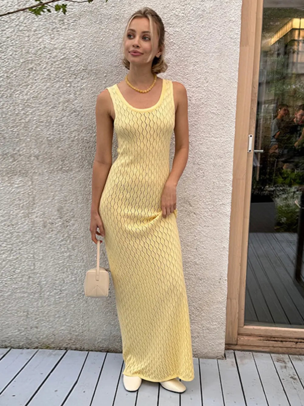 Yellow Openwork Sleeveless Maxi Dress