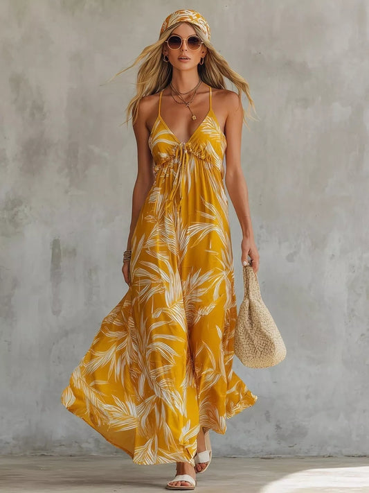 Yellow Palm Print Maxi Dress with Adjustable Spaghetti Straps