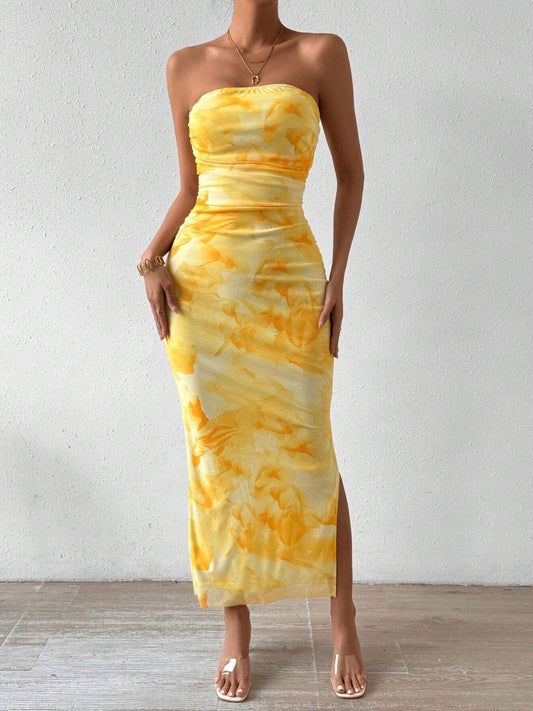 Yellow Strapless Bodycon Midi Dress