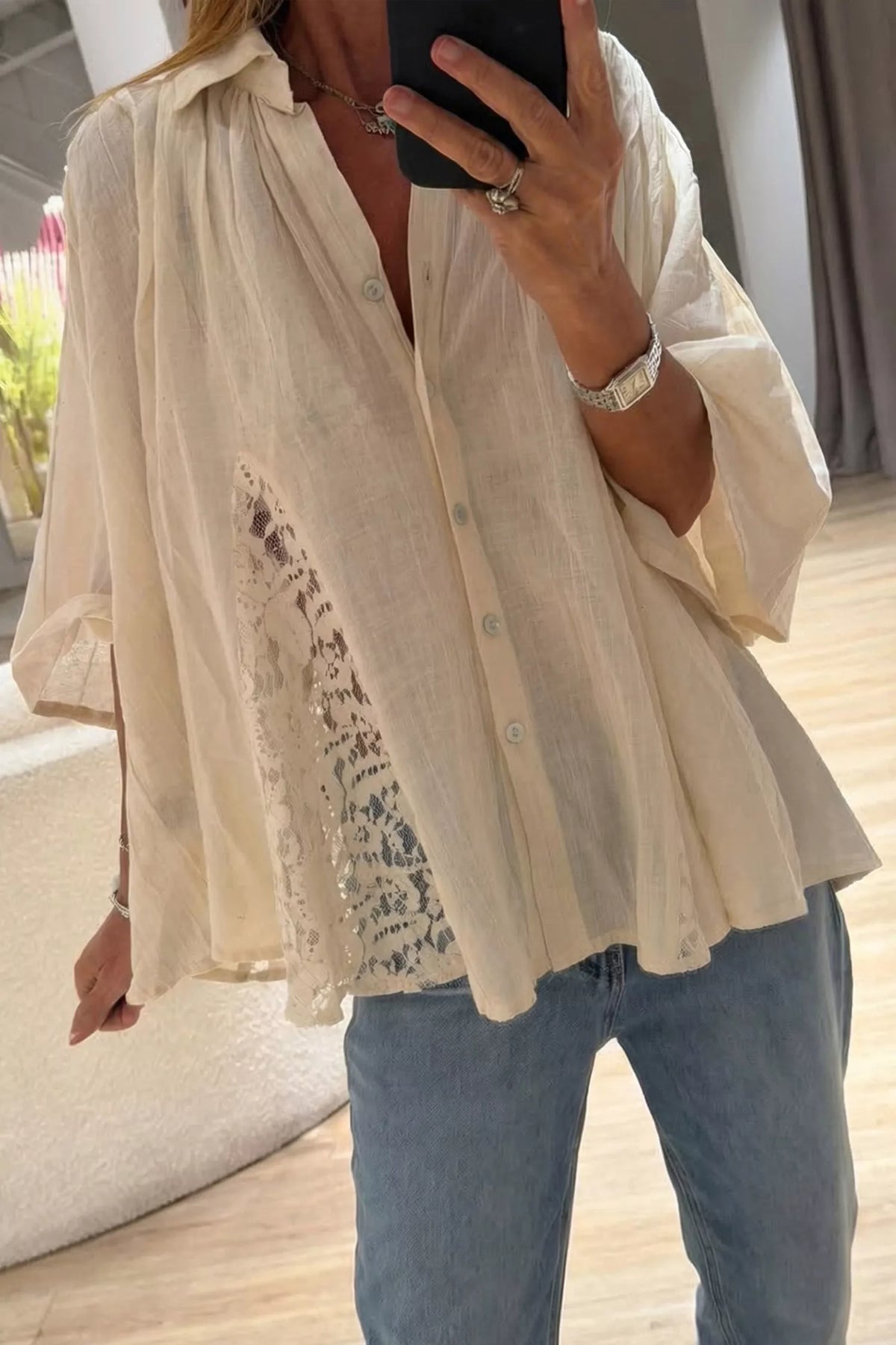 Sheer lace splicing detail blouse with bracelet sleeves, flowy fit from Marigold Collections Australia, stylish and lightweight.