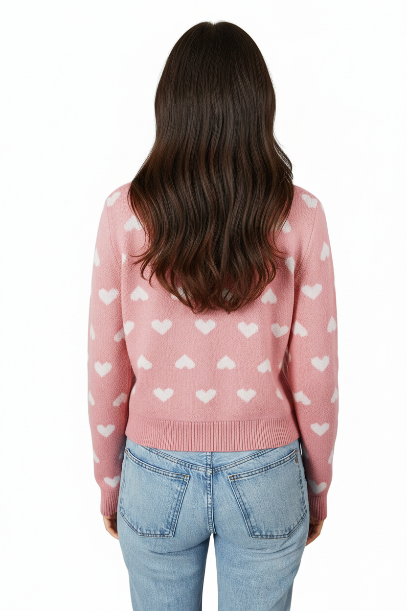 Button Down Heart Pattern Cardigan-Dusty Pink