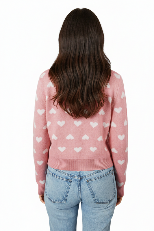 Button Down Heart Pattern Cardigan-Dusty Pink