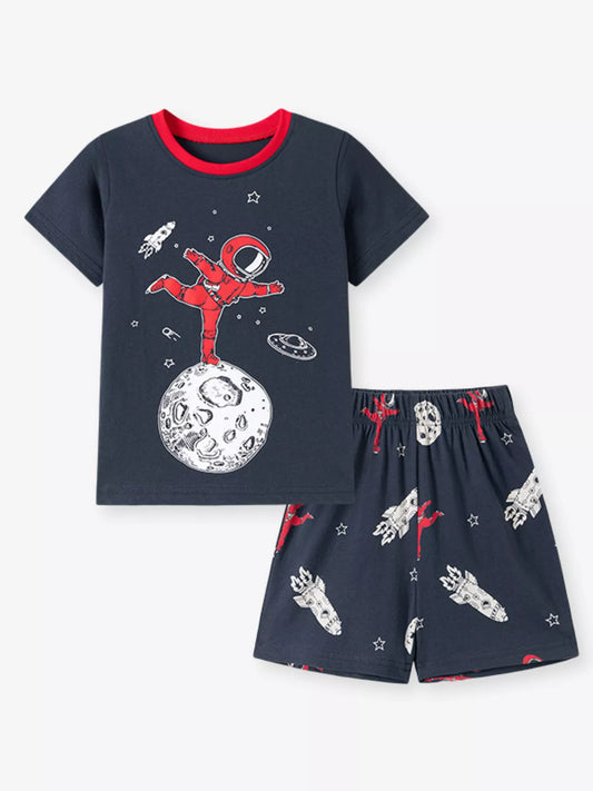 Children's astronaut and rocket T-shirt and shorts set by Marigold Kids, featuring space-themed designs for boys.
