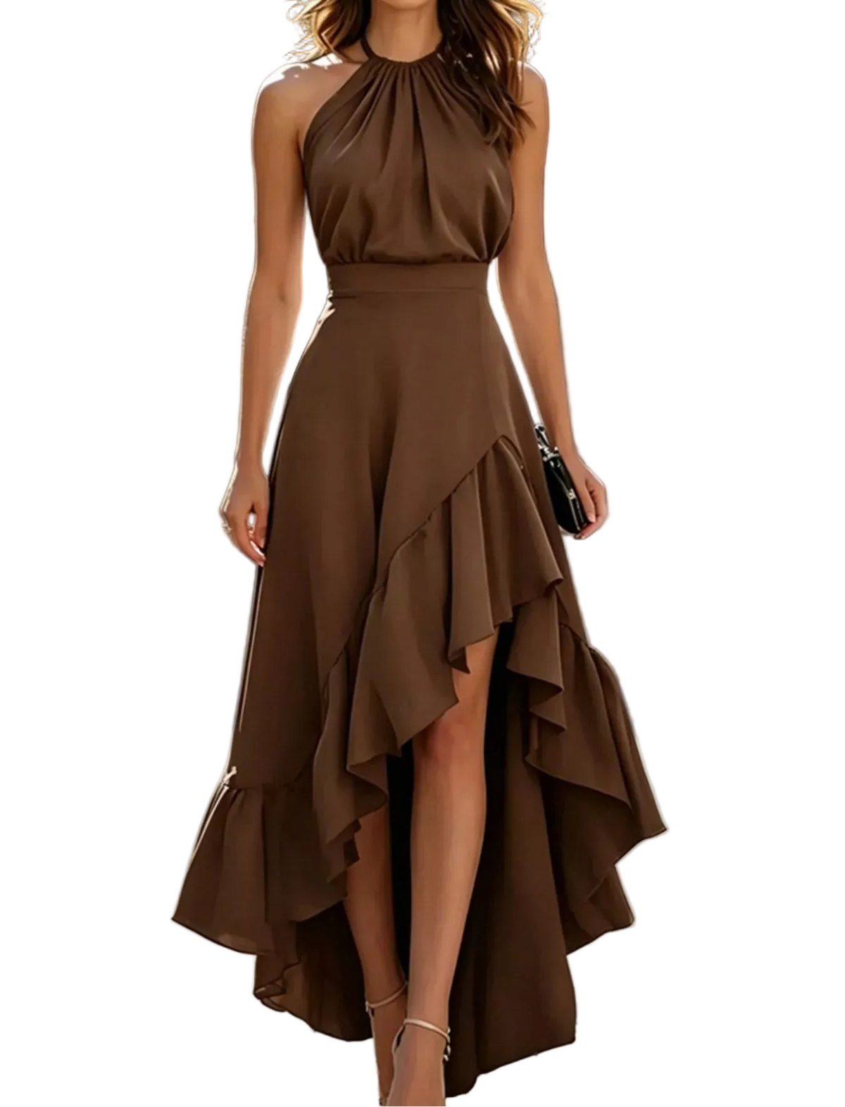Halter Neck Ruffled High-Low Maxi Dress