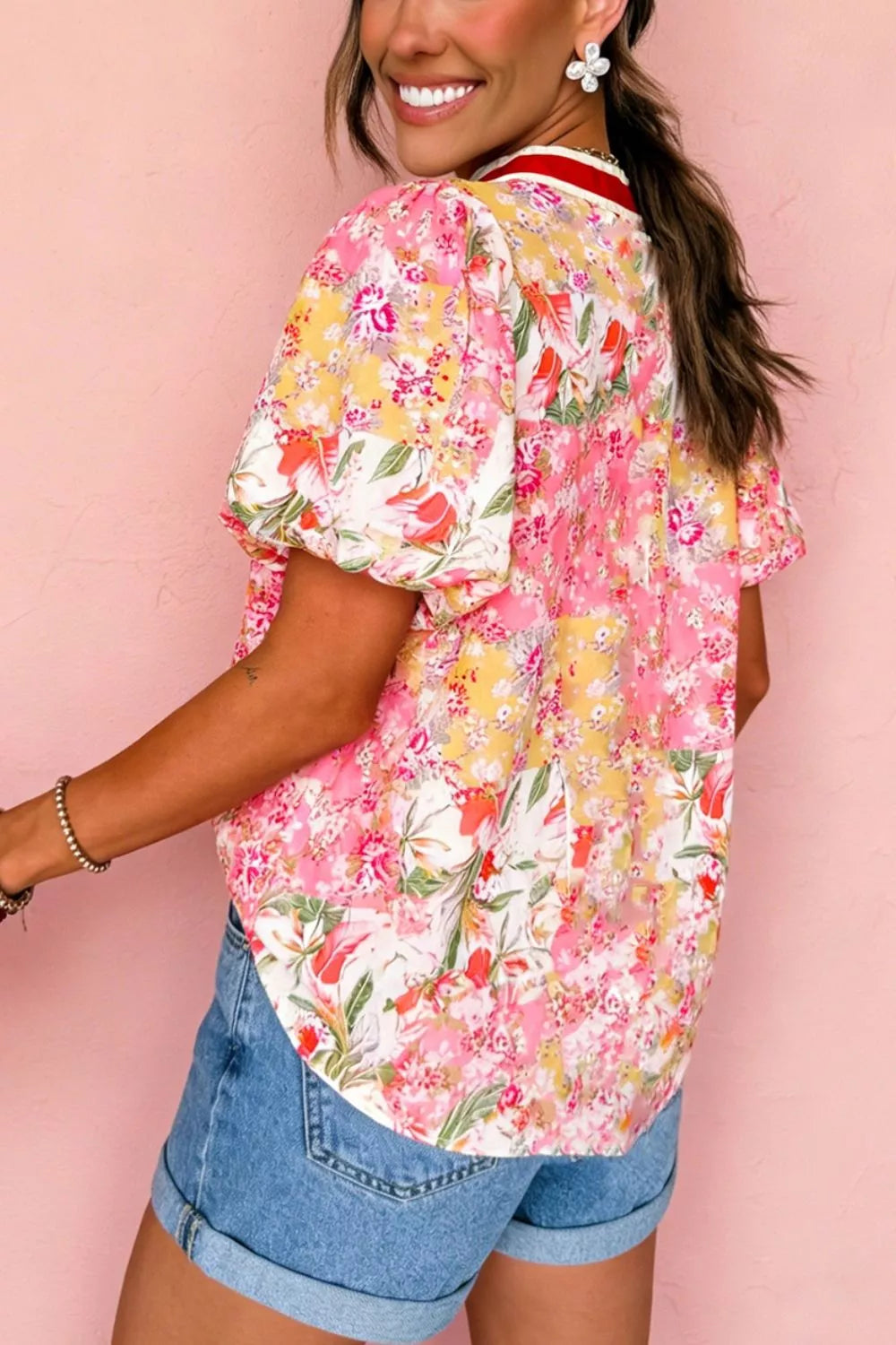 Marigold Collections Australia floral blouse with contrast collar, V-neck, short sleeves, perfect for casual or semi-formal wear.