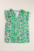 Green Abstract Print Ruffled Trim Tied Split Neck Tank Top