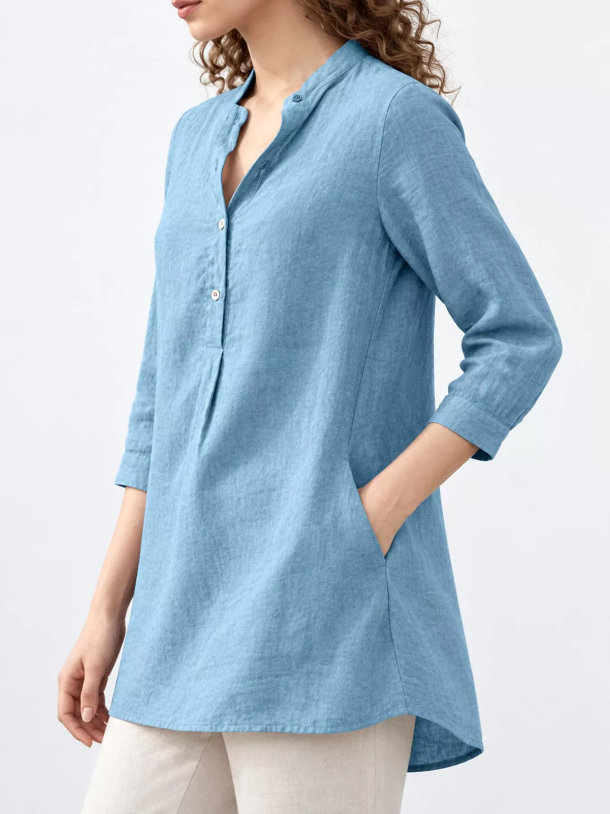 Marigold Collections Australia half button pocketed 3/4 sleeve blouse, stylish tops with front pockets and relaxed fit.