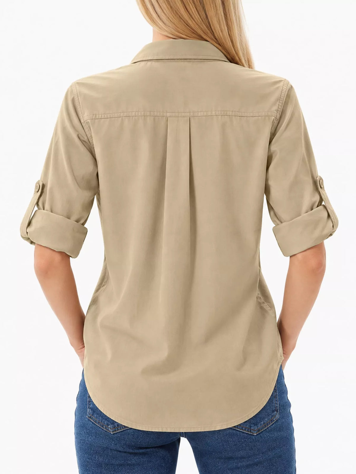 Marigold Collections Australia button-down safari shirt with roll-up sleeves, lightweight blouse perfect for outdoor and casual wear.