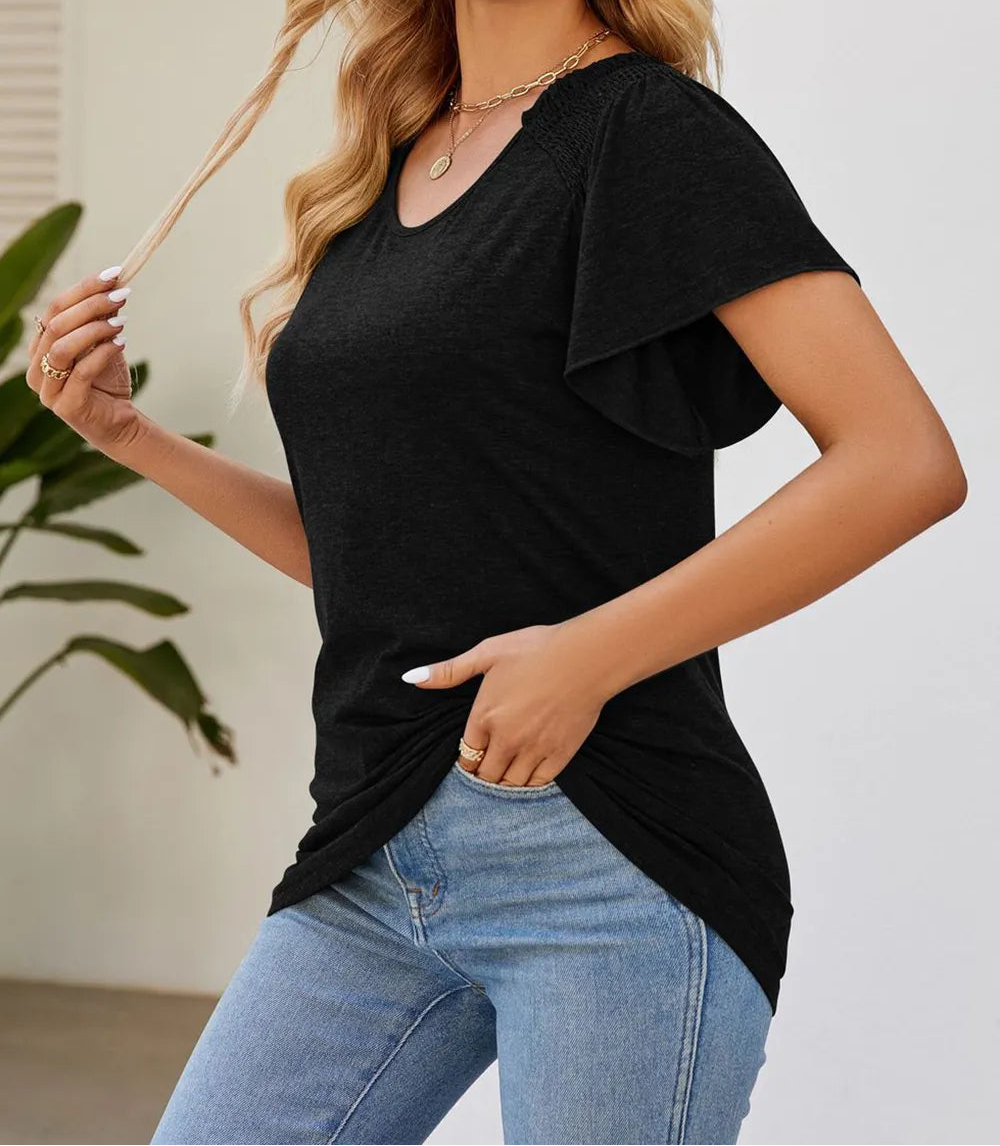 Marigold Collections Australia smocked shoulder flutter sleeve top, stylish blouse with feminine details and airy fabric.