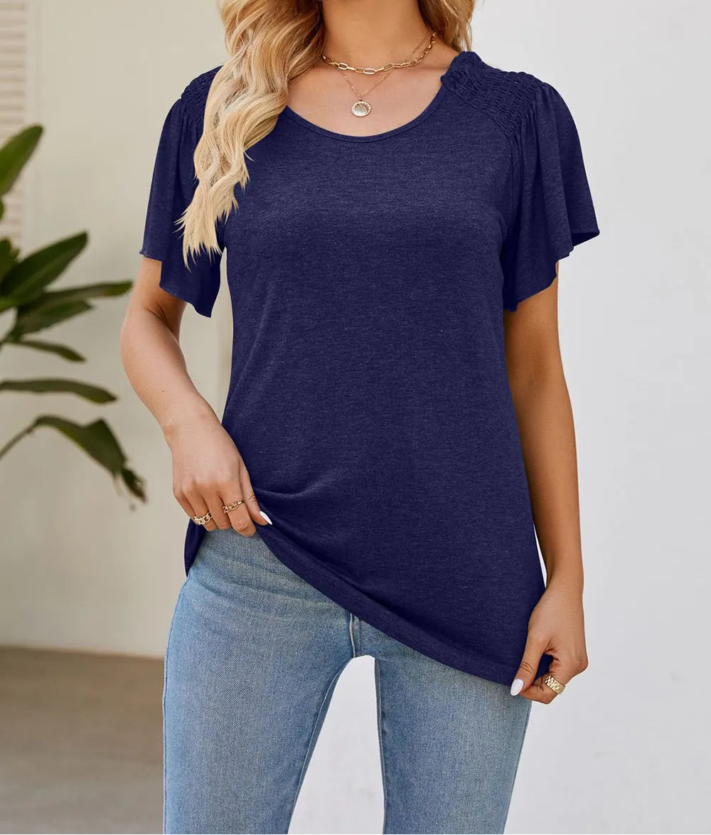 Marigold Collections Australia smocked shoulder flutter sleeve top, lightweight blouse with feminine design and soft fabric.